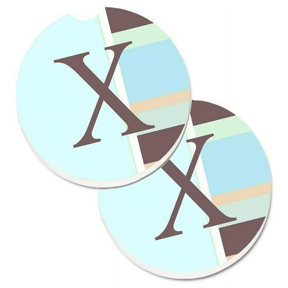 Letter X Initial Monogram Blue Stripes Set of 2 Cup Holder Car Coaster