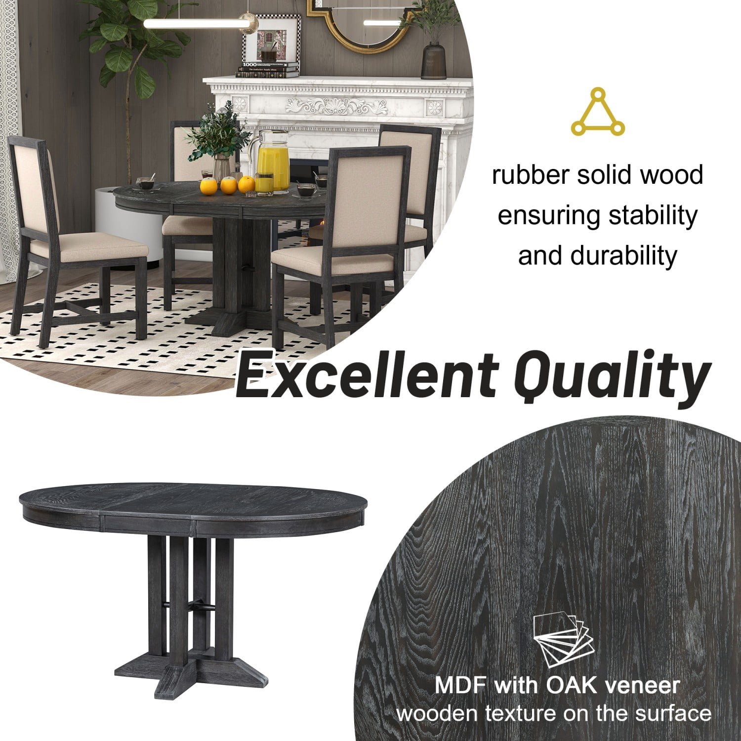 Extendable Round Dining Table, Farmhouse Kitchen Table with Oak Veneer Top & Solid Wood Base, Convertible Oval Dining Table for 4-6 People, Black
