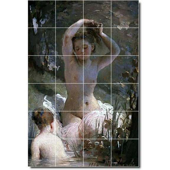 Ceramic Tile Mural-Charles Chaplin Nudes Wall Tile Mural 22. 17" w x 25.5" h using (24) 4.25 x 4.25 ceramic tiles