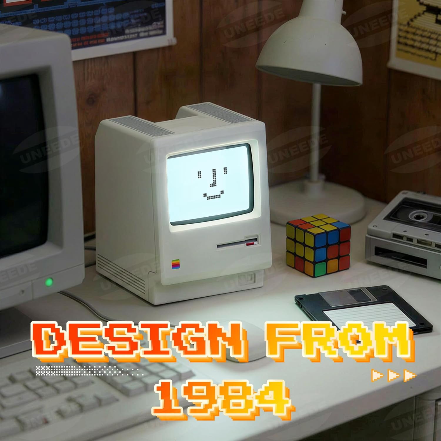 UNEEDE Maclock Retro Desk Clock, 1984 W-8 Computer Inspired Pixel Display Rechargeable Desk Clock, Multi-Alarm, Calendar, Temperature, Dimmable, Unique Retro Tech Gift for Office Bedroom Night Light