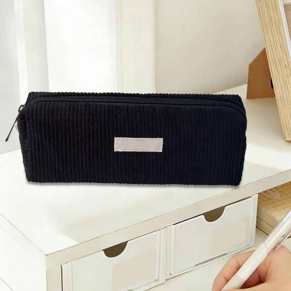 Nkmbld Large Capacity Pencil Case Portable Corduroy Pencil Pouch with Zipper, Cute Wide Opening Pencil Bag for Boys Girls, Black