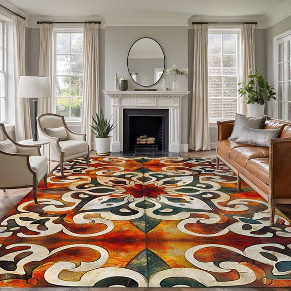 Burnt Orange Green Large Area Rug 8x10 FT, Non Slip Living Room Throw Carpet, Vintage Abstract Flowers Washable Soft Indoor Outdoor Carpet Non-Shedding Rug for Bedroom Dining Room