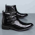 thumbnail image 4 of Men's Crocodile-Embossed Patent Leather Chelsea Boots with Double Buckle Strap, Low Heel Pointed Toe Cowboy Boots, 4 of 6