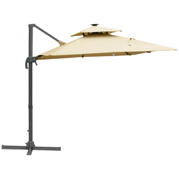 CoSoTower 10FT Cantilever Patio Umbrella with Solar Led Lights & Power Bank, Double Top Outdoor Offset Umbrella with 360° Rotation, Tilt, Crank & Cross Base for Garden, Khaki