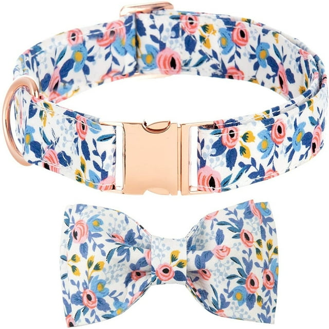 TIMIFIS Dog Collar Pet Supplies Dog CollarPuppy Collar Floral Pattern Personalized Butterfly Dog Collar. This adjustable dog collar features a vibrant floral pattern on a white background, paired with a matching detachable bow tie. Made from eco-friendly Kraton material, it is soft, flexible, and durable, with a sturdy metal buckle and D-ring for leash attachment. Suitable for small to large dogs, including breeds like Golden Retrievers, Beagles, and Poodles. The collar measures 5/8 inch wide and adjusts from 10 to 14 inches.