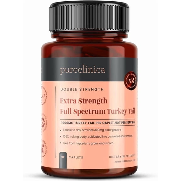 Pureclinica Full Spectrum Turkey Tail Mushroom 15000mg, 90 Caplets – Organic 15:1 Extract from 100% Fruiting Body with Black Pepper – Standardized to 300mg Beta-Glucans – Vegan Supplement