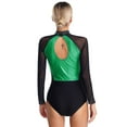 thumbnail image 2 of TiaoBug Women's Rhinestone Gymnastics Bodysuit Tops Mesh Sheer Long Sleeve Ballet Dance Leotard Green S, 2 of 7