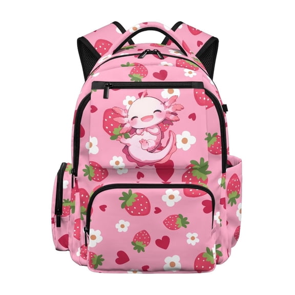 Xixirimido Cute Axolotl Strawberry Floral Print 17" School Backpack for Girls Multi-pocket Bookbags Large School Bag for Elementary Middle High School Students Back to School Supplies