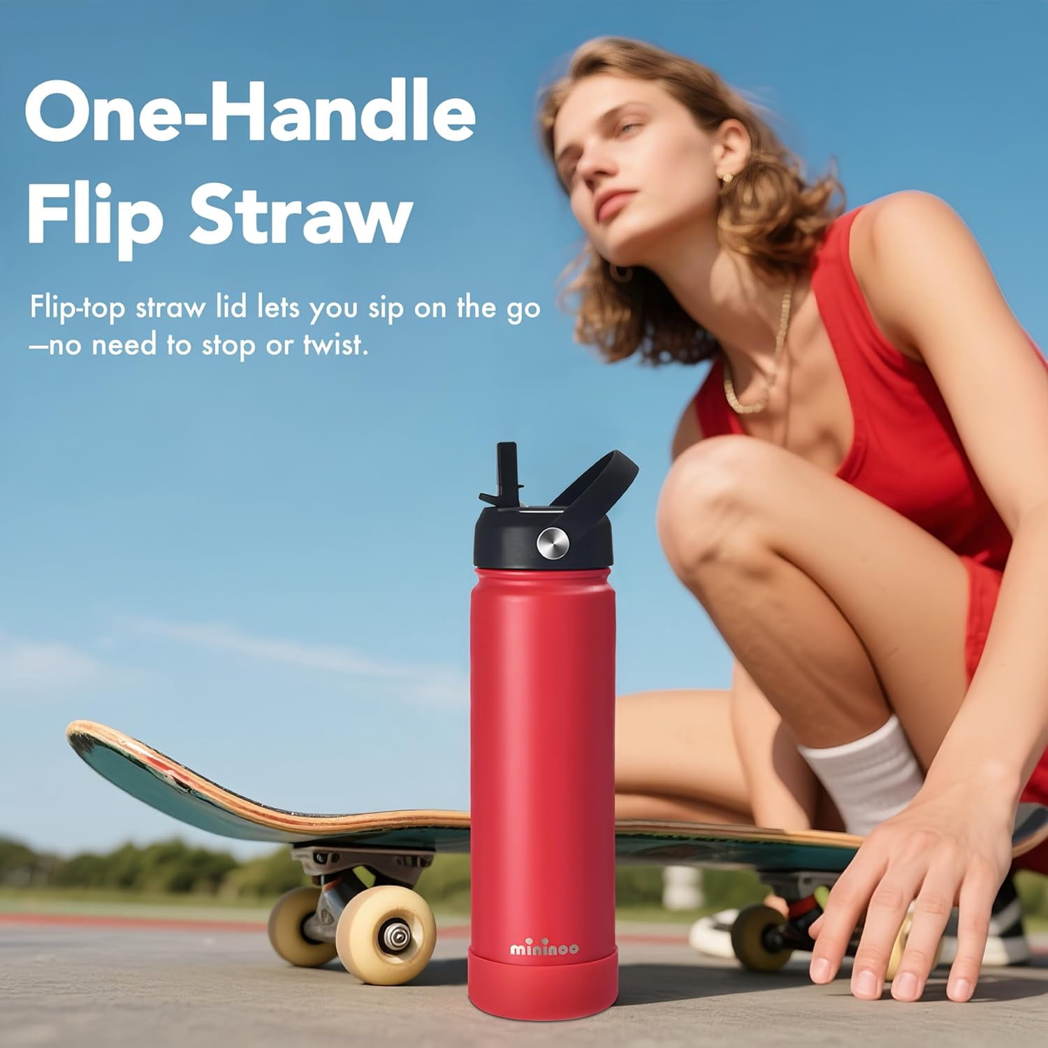 Mininoo 24 oz Insulated Stainless Steel Water Bottle with Straw Lid, Ceramic-Lined, BPA-Free, Red