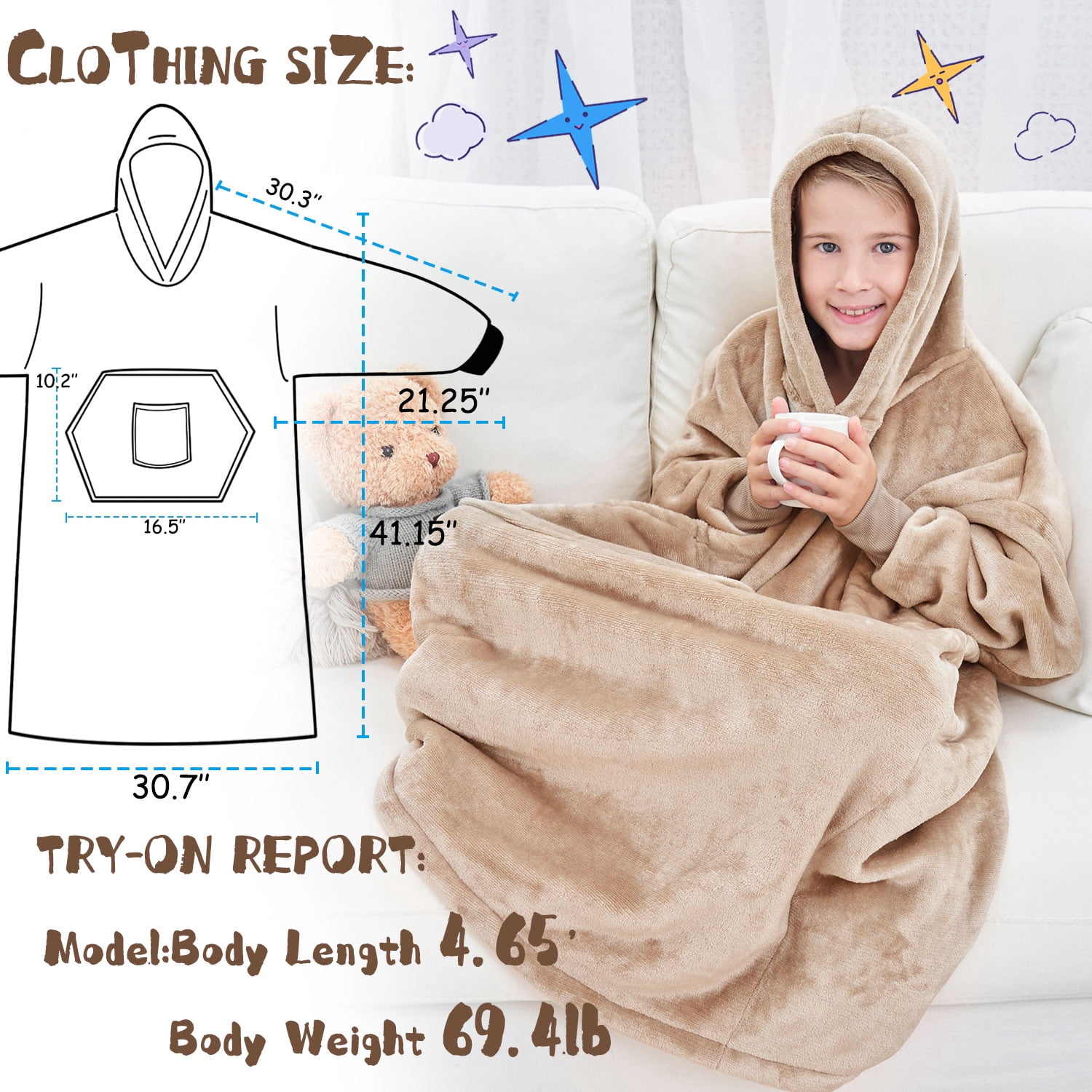 REDESS Oversized Wearable Blanket Hoodie Sweatshirt for Unisex Boy and Girl-Brown