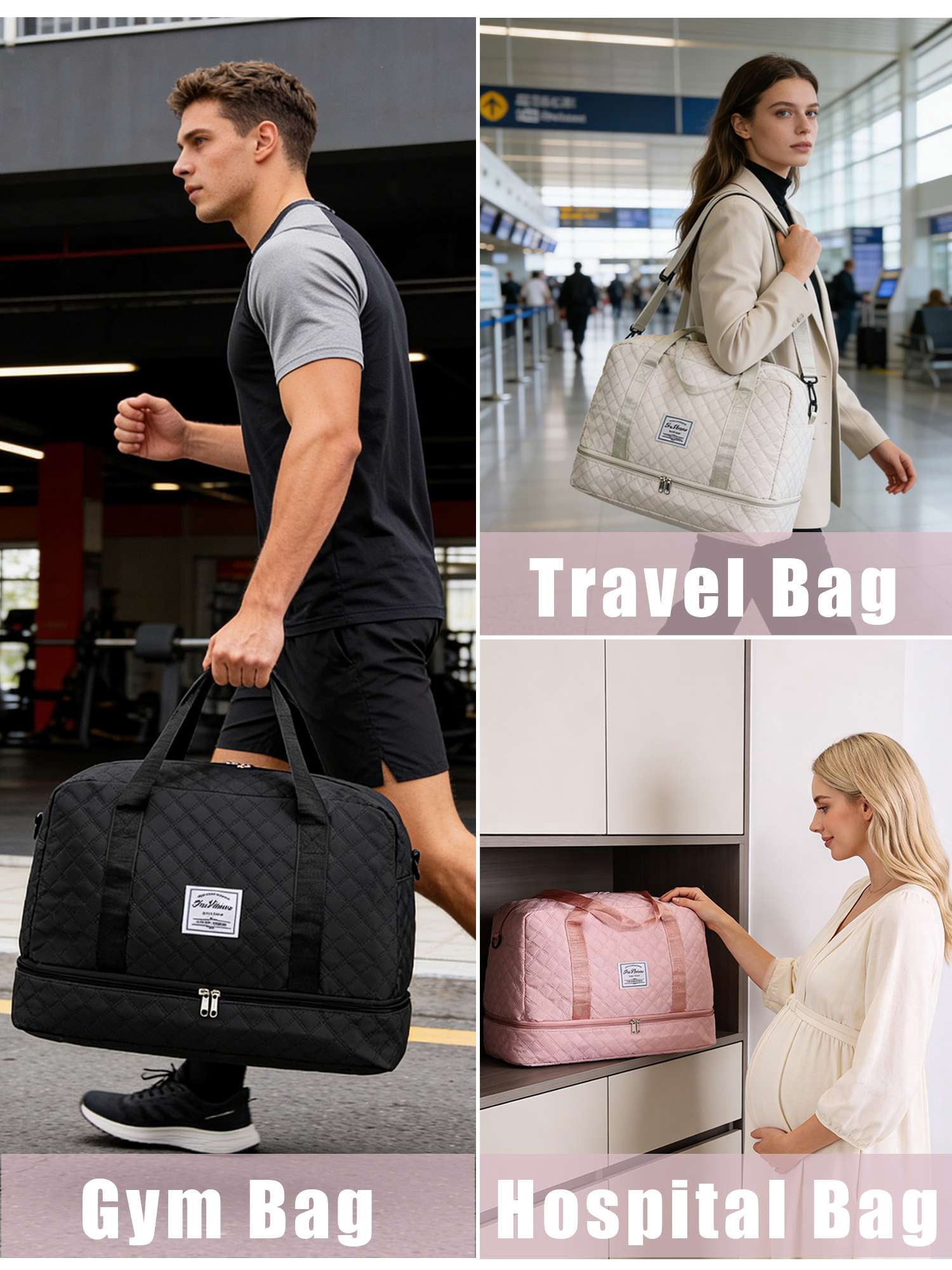Gustave Quilted Travel Duffle Bag for Women Large Capacity Overnight Weekender Gym Hospital Bag Water Resistant Carry On Totes with Shoe Compartment & Wet Pocket, White