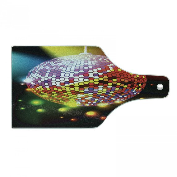 Popstar Party Cutting Board, Vibrant Colorful Disco Ball Nightclub Celebration Party Dance and Music Print, Tempered Glass Cutting and Serving Board, Wine Bottle Shape, Multicolor, by Ambesonne