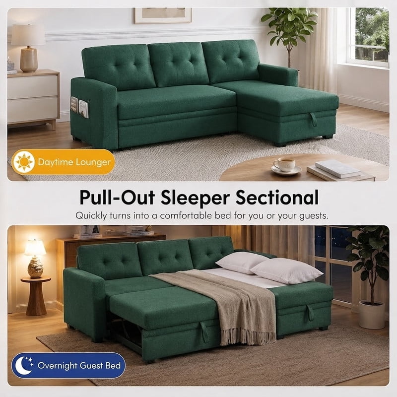 82" L-Shaped Convertible Sleeper Sectional Sofa with Pull-Out Bed, Storage Chaise, Removable Back Cushions, Modular Corner Couch for Living Room, Apartment, Home Office