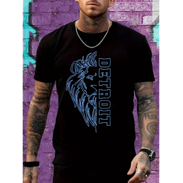 1pc Detroit Lion Print Men'S Casual Cotton T-Shirt, Round Neck, Short Sleeve, Regular Fit, 220G - Comfortable All-Season Top for Casual Outings Tee For Adult, Men, Women, Teen, Teenager, Adolescent,Y