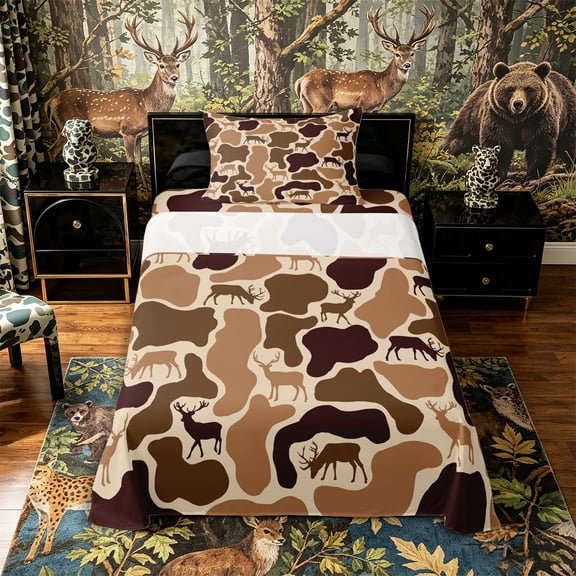 Castle Fairy Camo Wildlife Deer Twin Sheets 3pcs,Abstract Geometric Bedding,Tan Dark Coffee,1 Fitted Sheet, 1 Flat Sheet and 1 Pillowcase