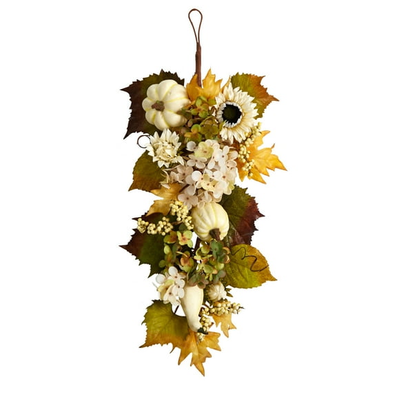 Nearly Natural 33" Fall Sunflower, Hydrangea and White Pumpkin Artificial Teardrop, Green