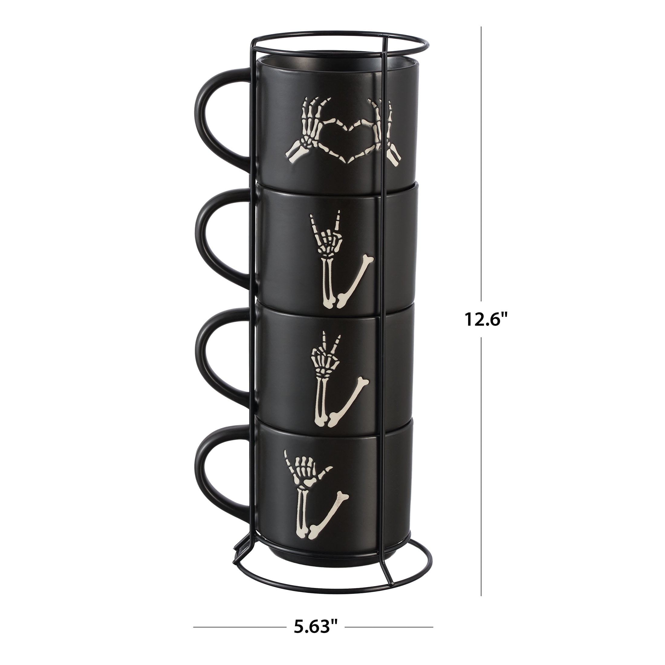Halloween 12-Ounce Black Skeleton Hand Stoneware Stackable Mug Set with Iron Rack, by Way To Celebrate