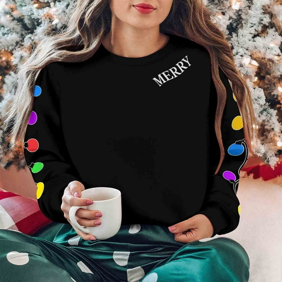 Women's Sweatshirt Fleece Lined Merry Christmas Graphic Pullover Long Sleeve Crewneck Tops Holiday Party Wear Casual Blouse