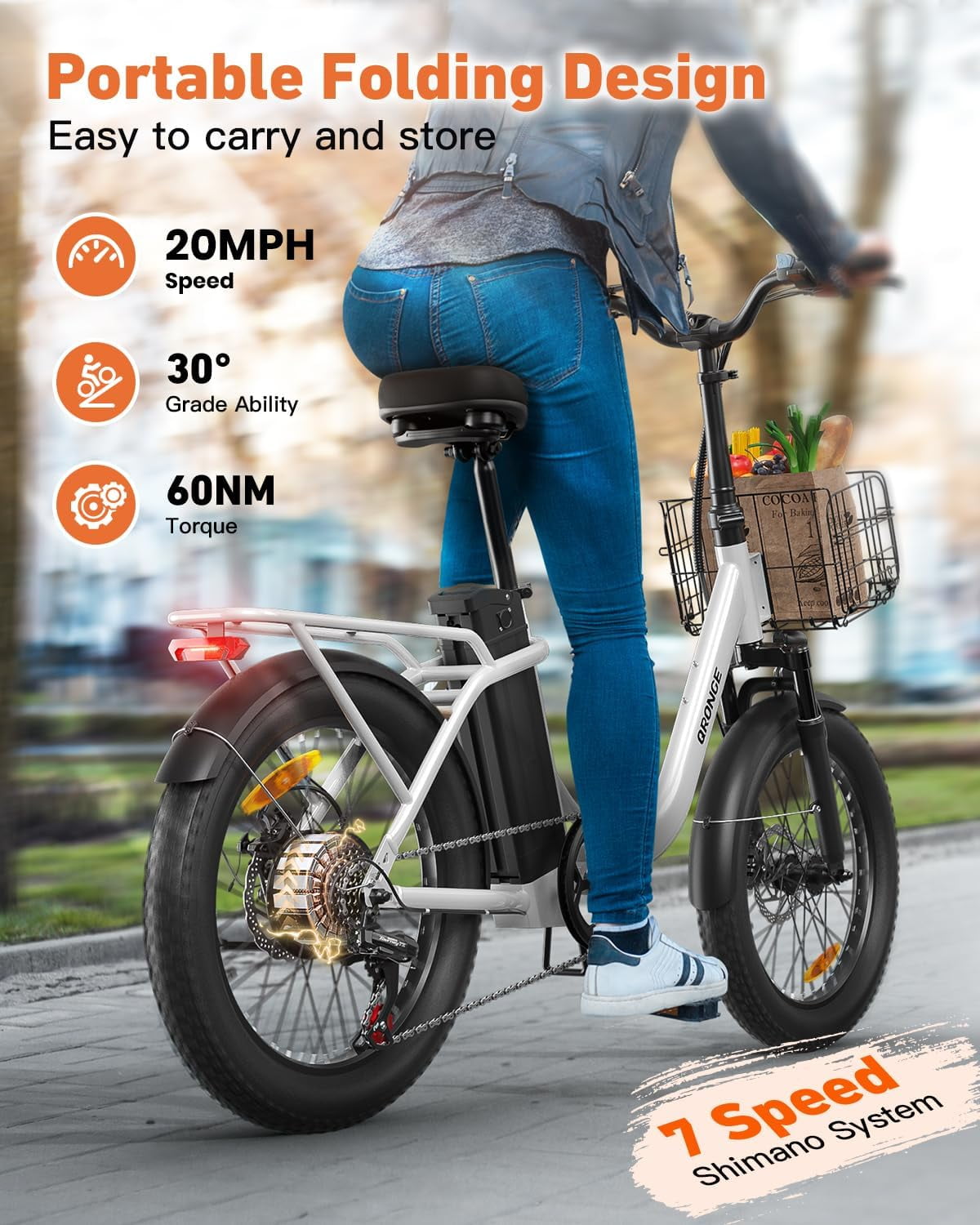 Folding Electric Bikes for Adults 1000W Peak 70 Miles Max Range 20mph Top Speed Step Thru E Bike Fat Tire Foldable E-Mountain Bike with Front Basket, 7 Speed, 36V 13.5AH Battery, UL2849 by SGS