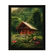 Tropical Jungle Cabin Retreat, 8 x 10 Black Framed Print Sign Easy Installation | Forest and Trees | Stylish Modern Decoration For The Home and Officer