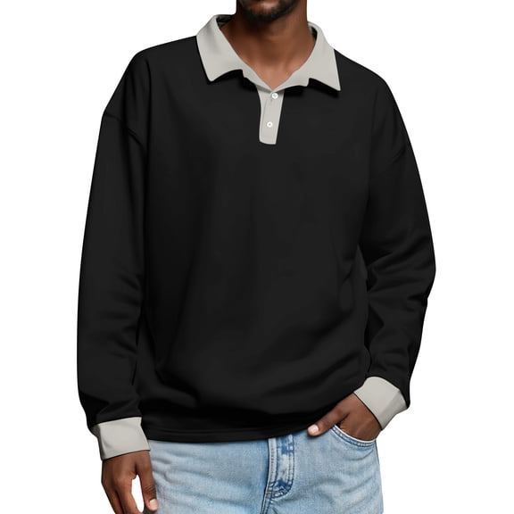 Men's Simple Casual Color-Blocked Button-Down Long Sleeve Polo Shirt for Modern Color Contrast, Stylish Casual Wear for Office and Daily Life,Gray,M