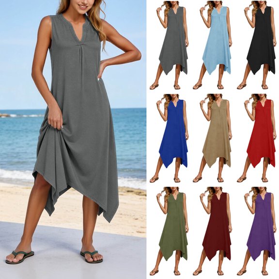 Smsaxvxz Tank Dresses for Women Fashion V Neck Sleeveless Irregular Hem Casual Solid Loose Beach Vacation Sundress Gray L