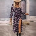 thumbnail image 4 of Spring Print Long-Sleeved Square Neck Slit Dress, 4 of 6