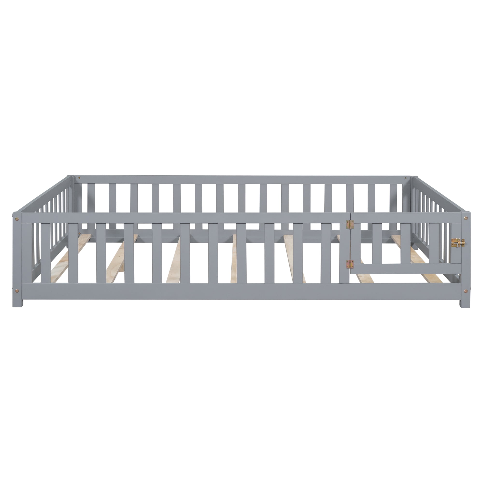 Leumius Full Size Floor Platform Bed Frame with Fence and Door for Kids, Montessori Floor Bed Frame with Support Slats for Toddlers Grey