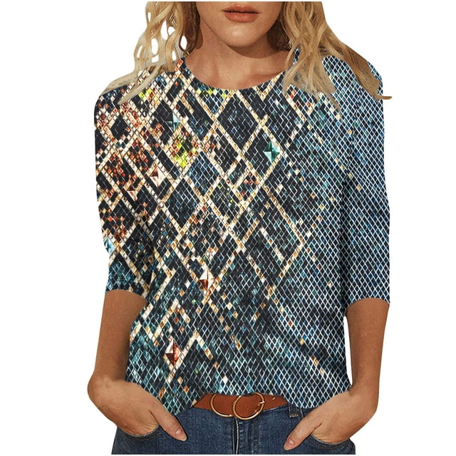 HKEJIAOI Blouse d'Été à Col Rond Imprimé Floral à Manches 3/4 pour Femmes