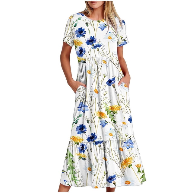 Fankiway Robe Longue Ample à Manches Courtes avec Poche et Col Rond Imprimé pour Femmes Rondes Robes de Printemps pour Femmes 5842