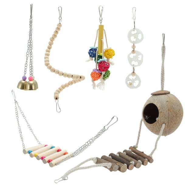 Juguetes para Cockatiel de Bargains Únicos, 6 Pcs, Escondite Natural de Coco con Escalera, Juguete Colgante con Campana, Accesorios para Jaula de Aves