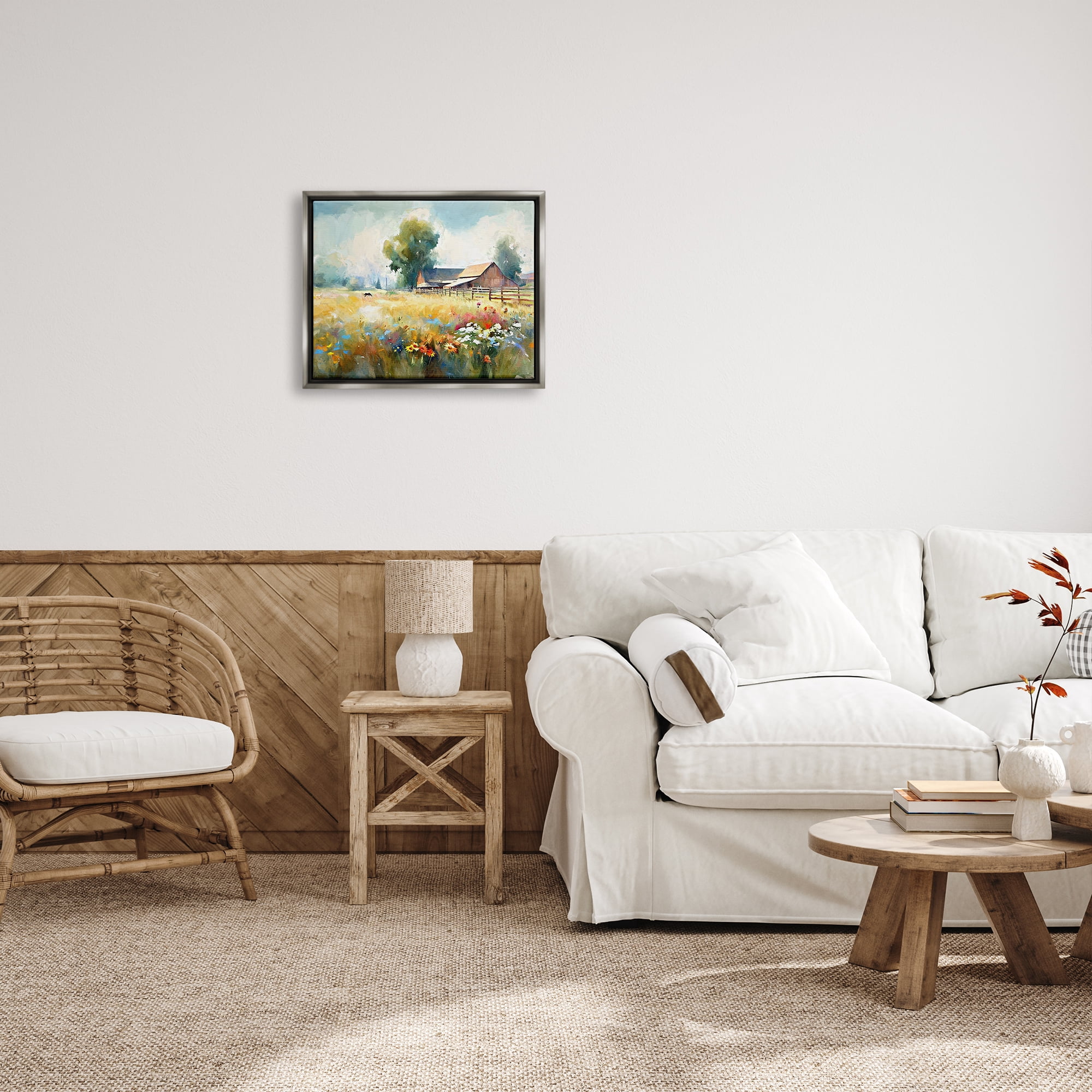 Stupell Industries Barn in Meadow Painting Landscape Painting Gray Floater Framed Canvas Art Print Wall Art, 21 x 17