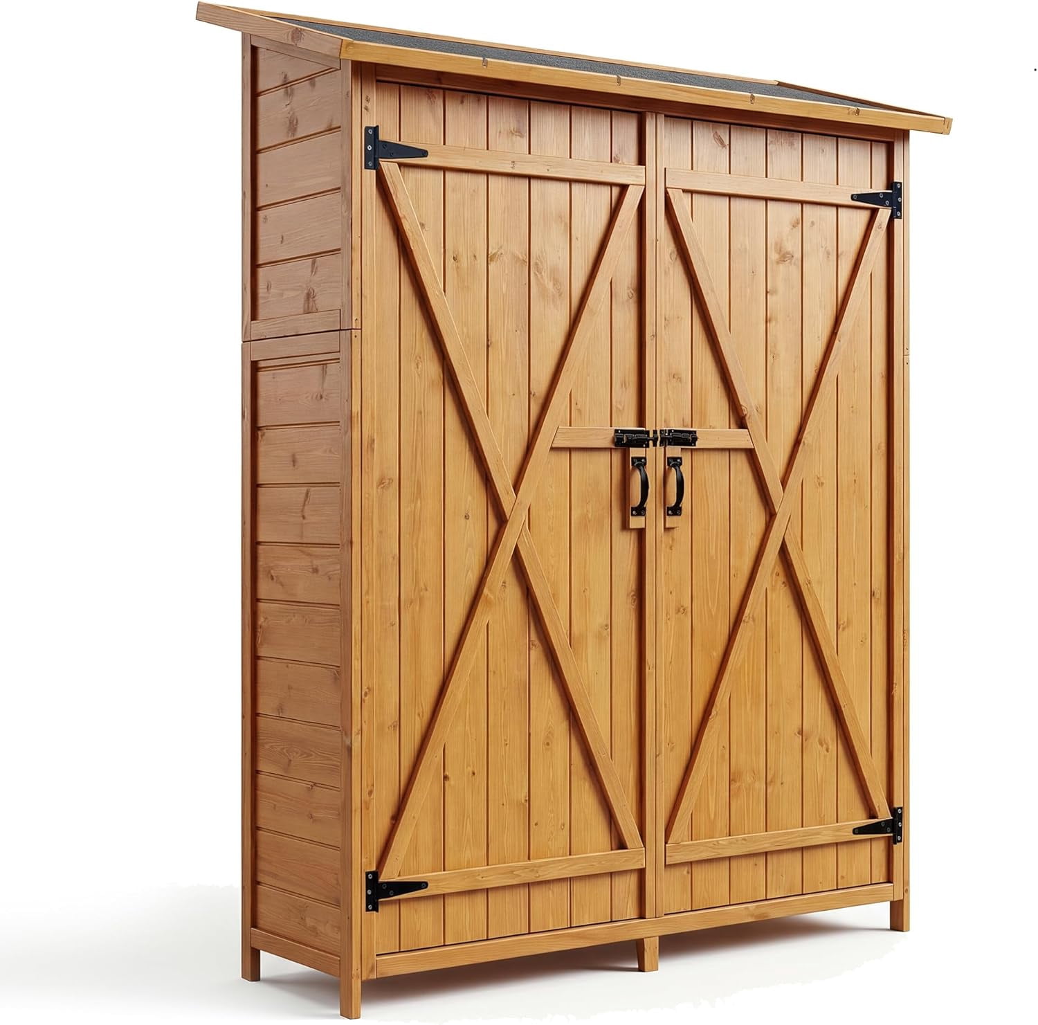56" Outdoor Storage Shed, Large Wooden Garden Shed with Waterproof Asphalt Roof, Lockable Double Doors & 2 Removable Shelves,Wooden Tool Organizer for Backyard & Patio, Natural Fir Wood