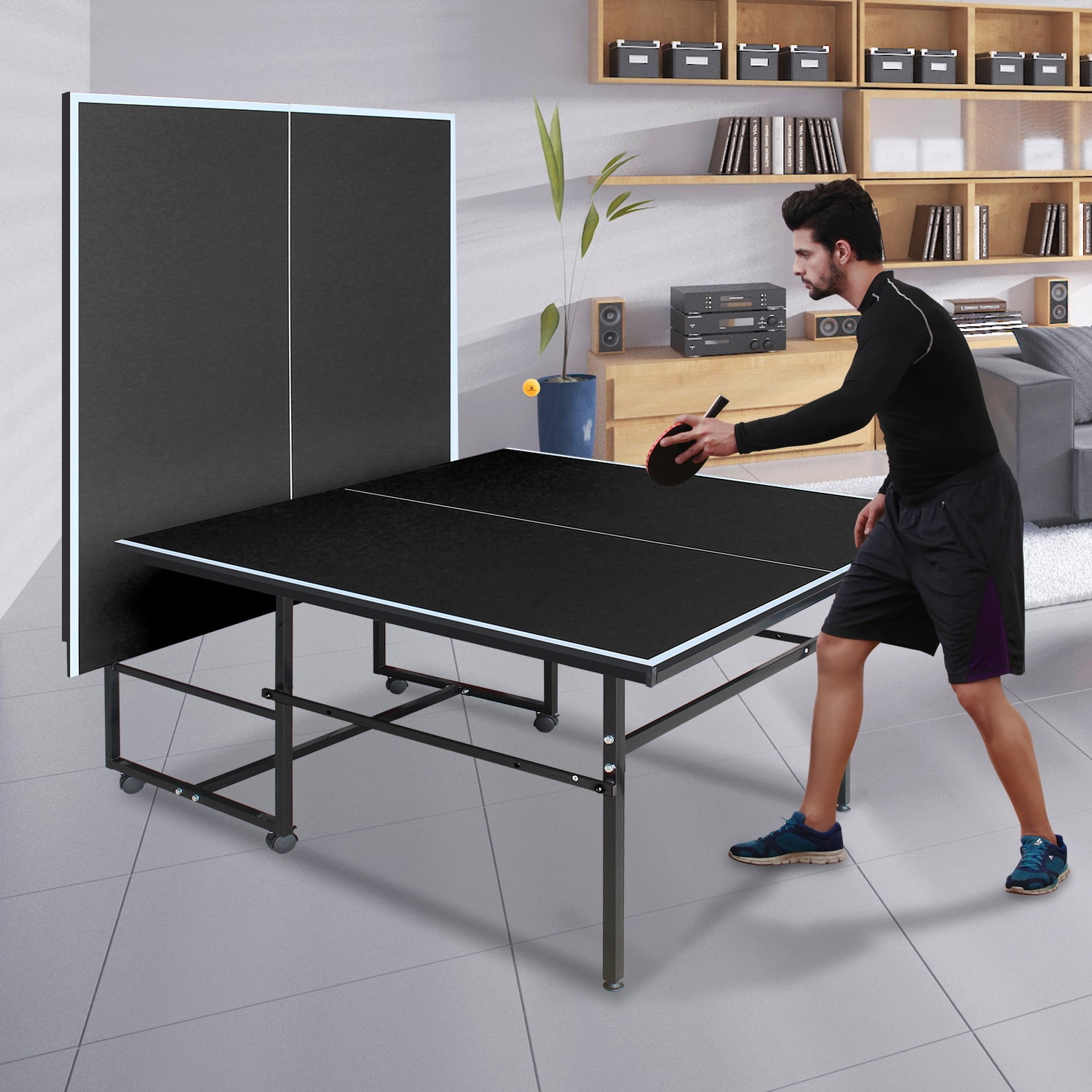 KL KLB Sport 108" *49" Mid Size Foldable Ping Pong Tables, Family Table Tennis Table with Wheels, Net, Paddles & Balls for Home Use, Black