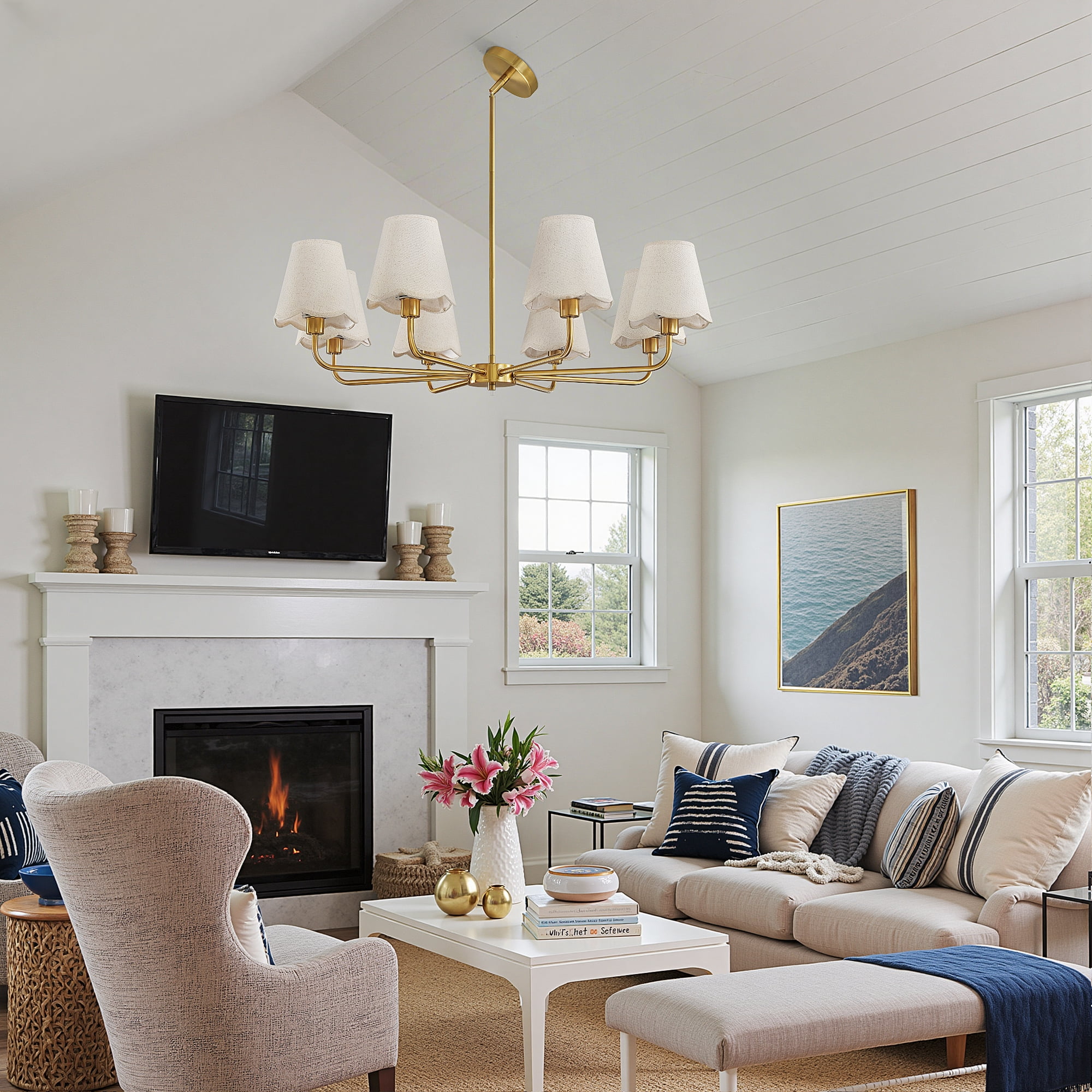 5-Light Gold Modern Farmhouse Chandelier with Wavy Fabric Shades for Dining Room
