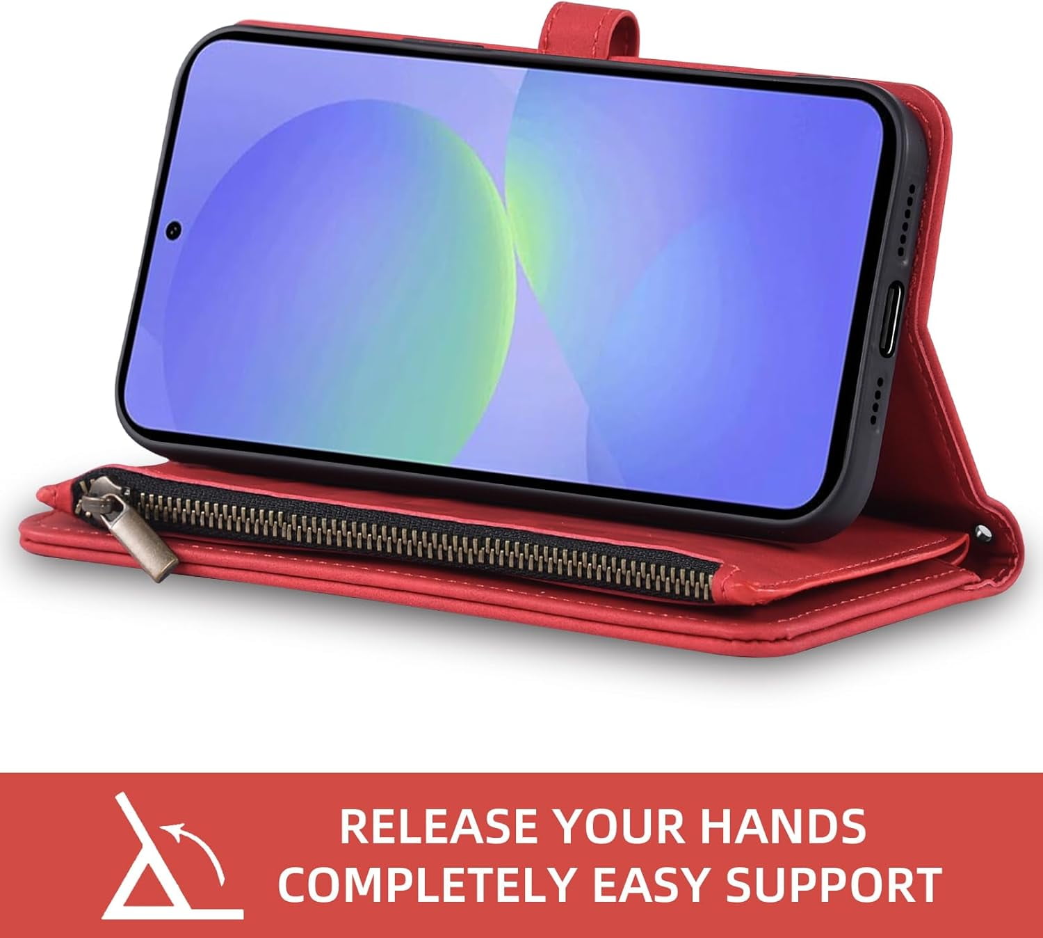 Asuwish Phone Case for Samsung Galaxy A36 5G Wallet Cover With Tempered Glass Screen Protector Crossbody Wrist Strap Flip Pattern Zipper Credit Card Holder Stand Cell A 36 36A LTE SM-A366U Women Red