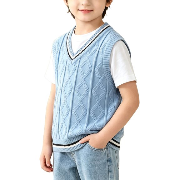 Mercatoo Kids V-Neck Sweater Vest Cable Knit Pullover with Contrast Stripe Trim Boys Girls Preppy School Uniform Top