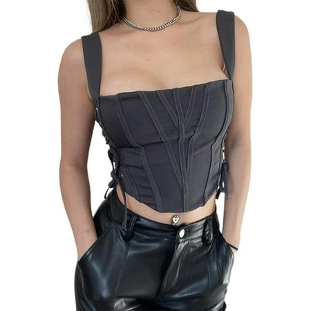 

Binpure Women s Strap Tank Corset Tie-Up Side Solid Color Bustier Crop Tops