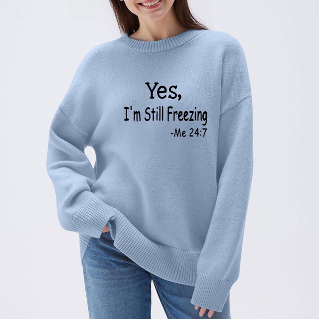 HOZADOIE Chandails pour Femmes Imprimé Lettre Couleur Unie Manches Longues Col Rond Polyvalent Ample Simple Confortable Chandail Automne Hiver Style