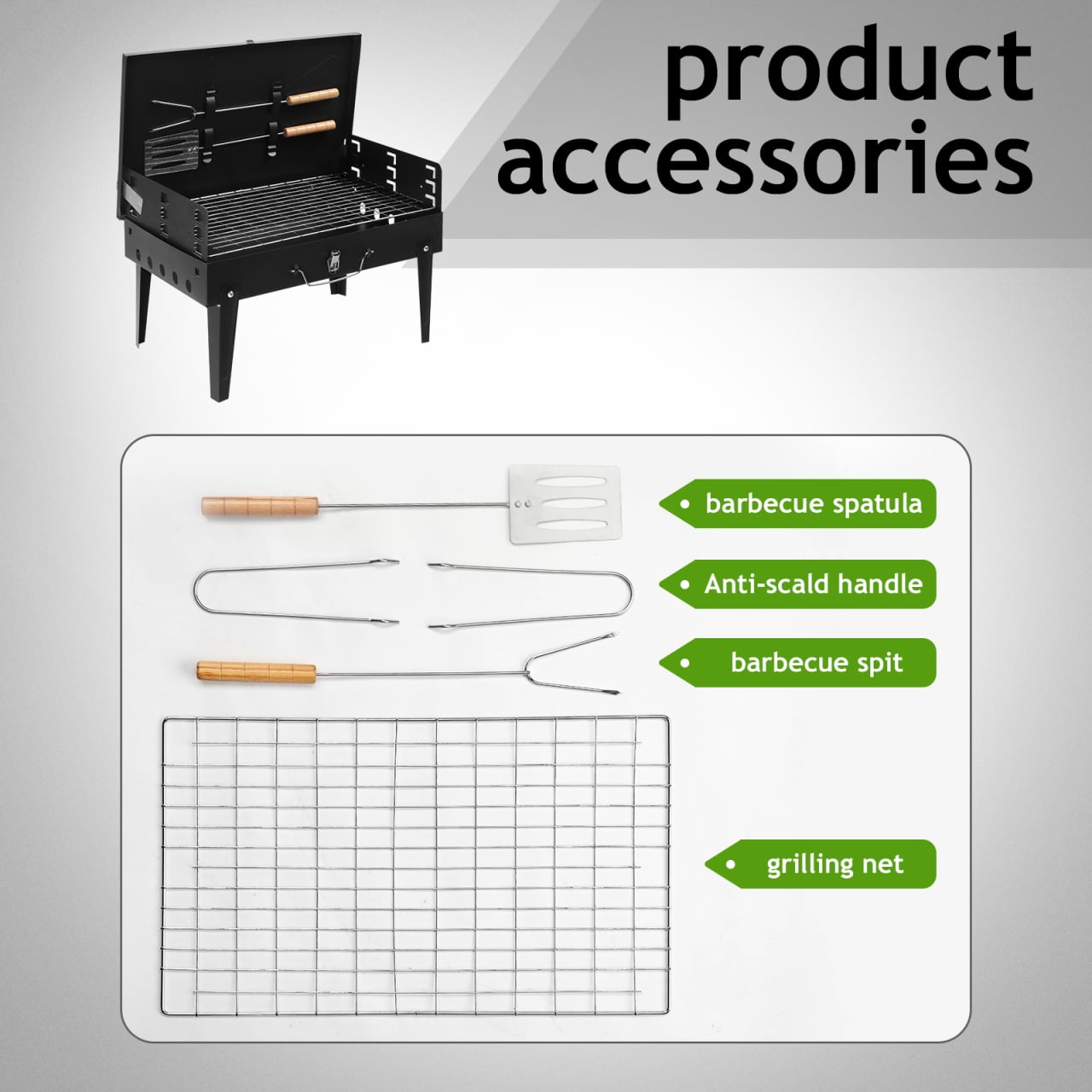 Square Portable Charcoal Grill, Small Folding BBQ Grill, Foldable Camping Grill with Barbecue Accessories & Lid, for Outdoor Cooking Camp Picnic Hiking Beach Party Patio