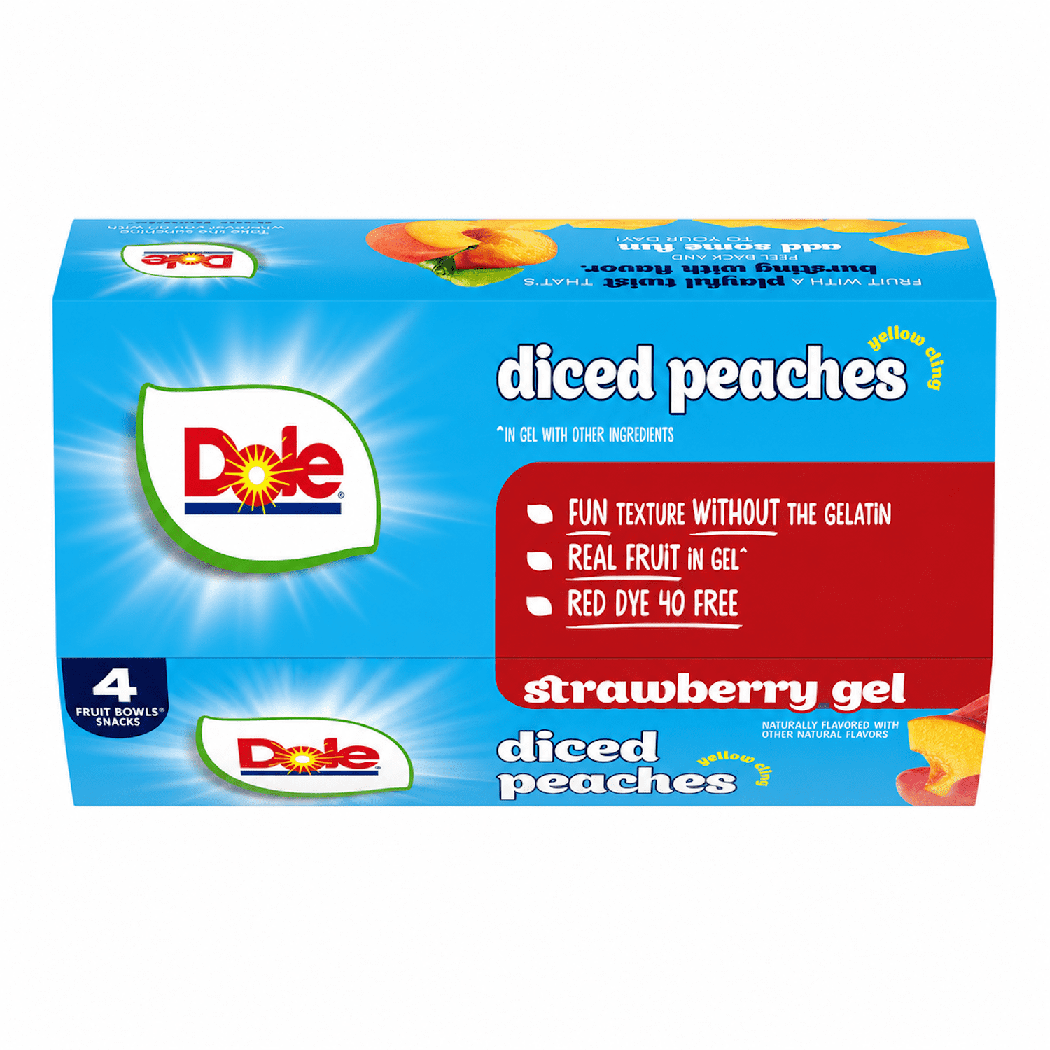 (3 pack) Dole Fruit Bowls Diced Peaches in Strawberry Gel, 4.3 oz Cups (4 Pack)