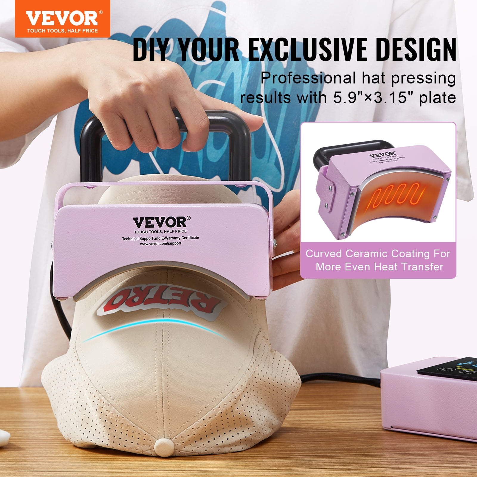 VEVOR Hat Press Machine, Mini Hat Heat Press for Caps with Integrated Control Panel, Cap Heat Press Machine with 5.9x3.15 inch Curved Heating Plate, Safety Base,and Glove,Automatic Shut-Off,Purple