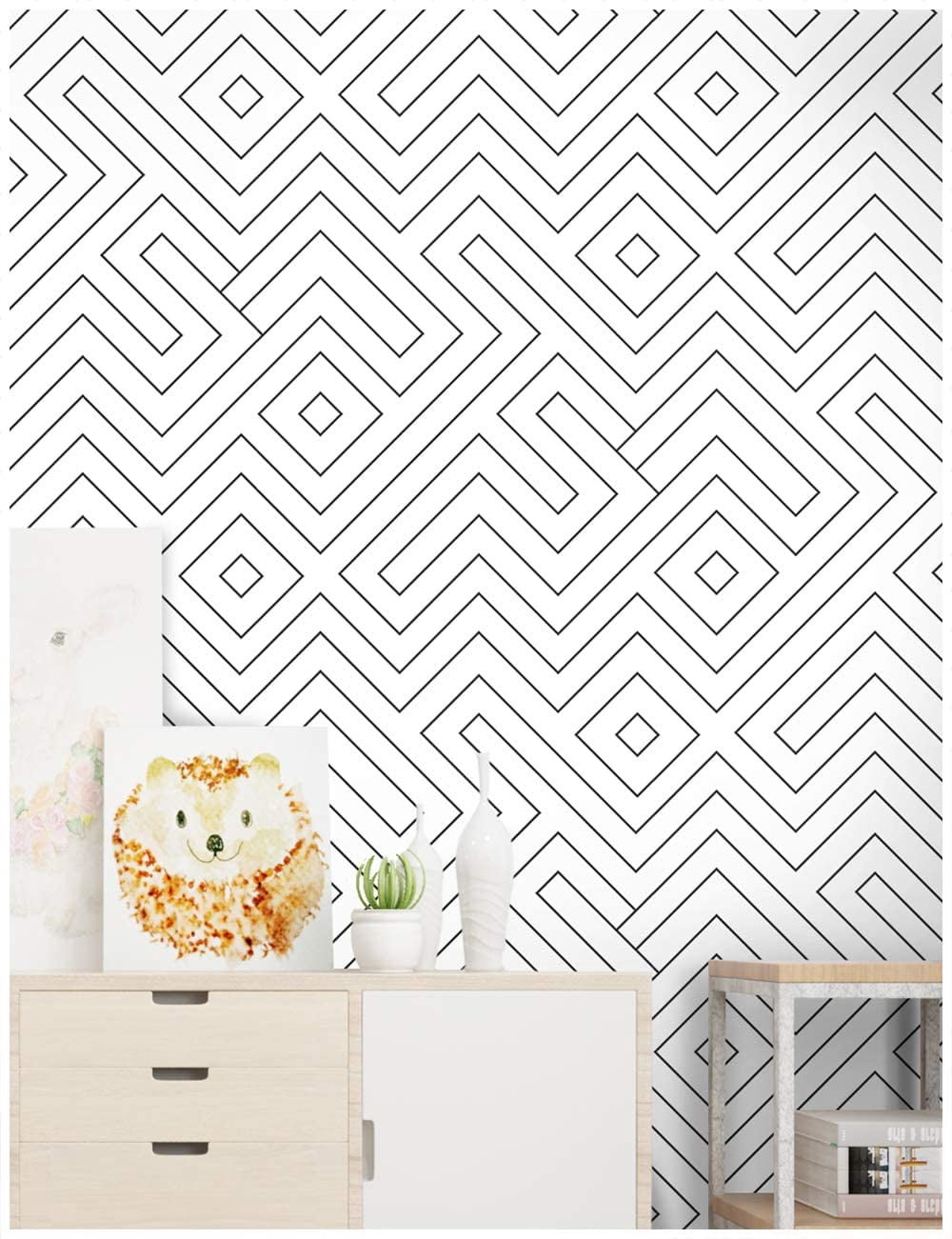 Modern Geometric Peel and Stick Wallpaper 17.7"x 19.7ft, Black and White