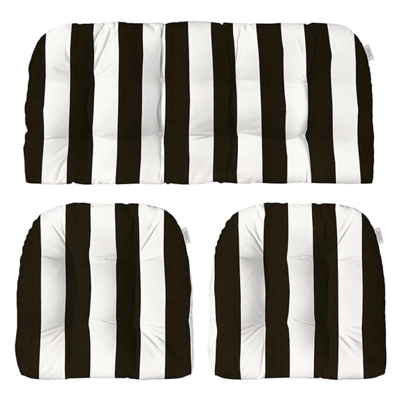 Indoor Outdoor Black & White Striped Cushions for Wicker Loveseat Settee & 2 Matching Chair Cushions | 41" x 19" & 19" x 19"