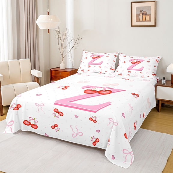 Feelyou Cute Cherry Letter Z Bed Sheets for Kids, Fruit Print King Sheets, Pink, 4pcs