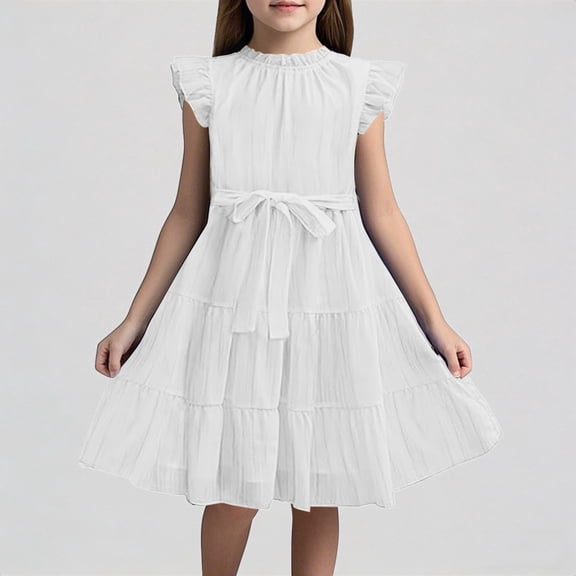 REDARER Girls' Ruffle Sleeve Tiered Dress with Tie Belt Elegant Chiffon A-Line Party Dress,8-9 Years