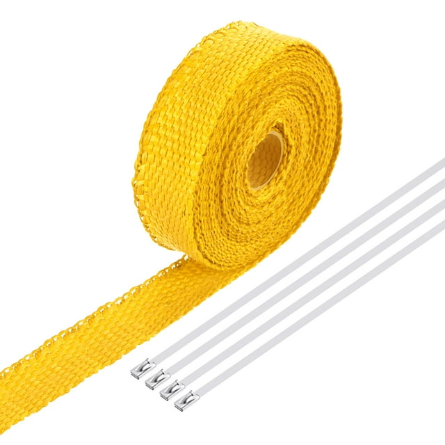 Fiberglass Exhaust Wrap Tape, 1" x 16' Yellow Header Heat Wrap with 4 Stainless Ties for Hot Rods Motorcycle