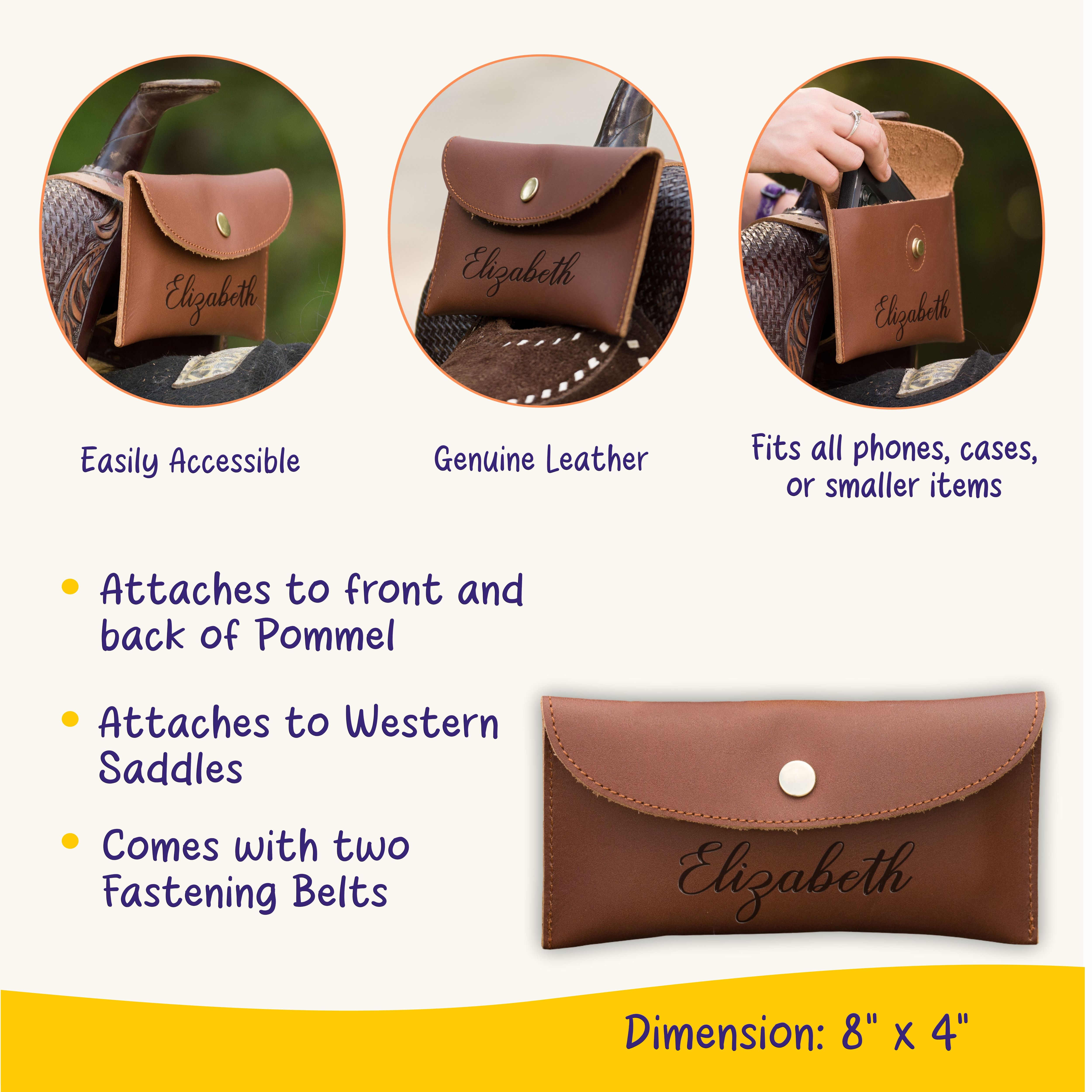 Personalized Genuine Leather Saddle Bag, Horse Tack Phone Holder, Equestrian Riding Accessory, Gift for Horse Lovers