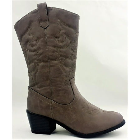 - BDW-14W Western Cowboy Cowgirl Mid Calf Pointed Toe Stitched Boots Taupe