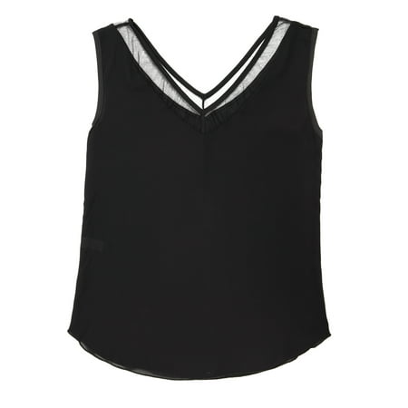 Trimmed Chiffon - LELINTA Summer Lace Trim V Neck&V Back Chiffon Sleeveless Shirt Vest Crop Blouse Camisole Tank Tops For Women, Black, M-3XL